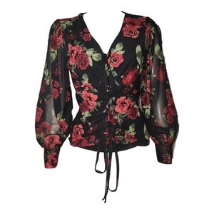 Ember Top Womens Size L Large Floral Red Black Lace Up Feminine Dainty Boho